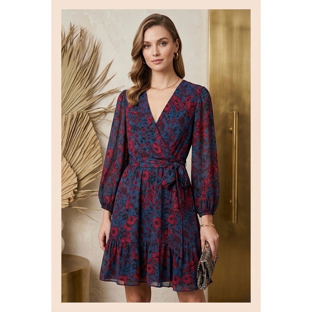 Shoshanna Women Navy Red Floral Georgette Wrap Mini Dress Bishop Sleeve Size 6